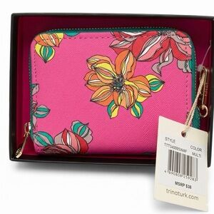 Trina Turk Pink Floral Zip-Around Wallet with Multicolor Accents